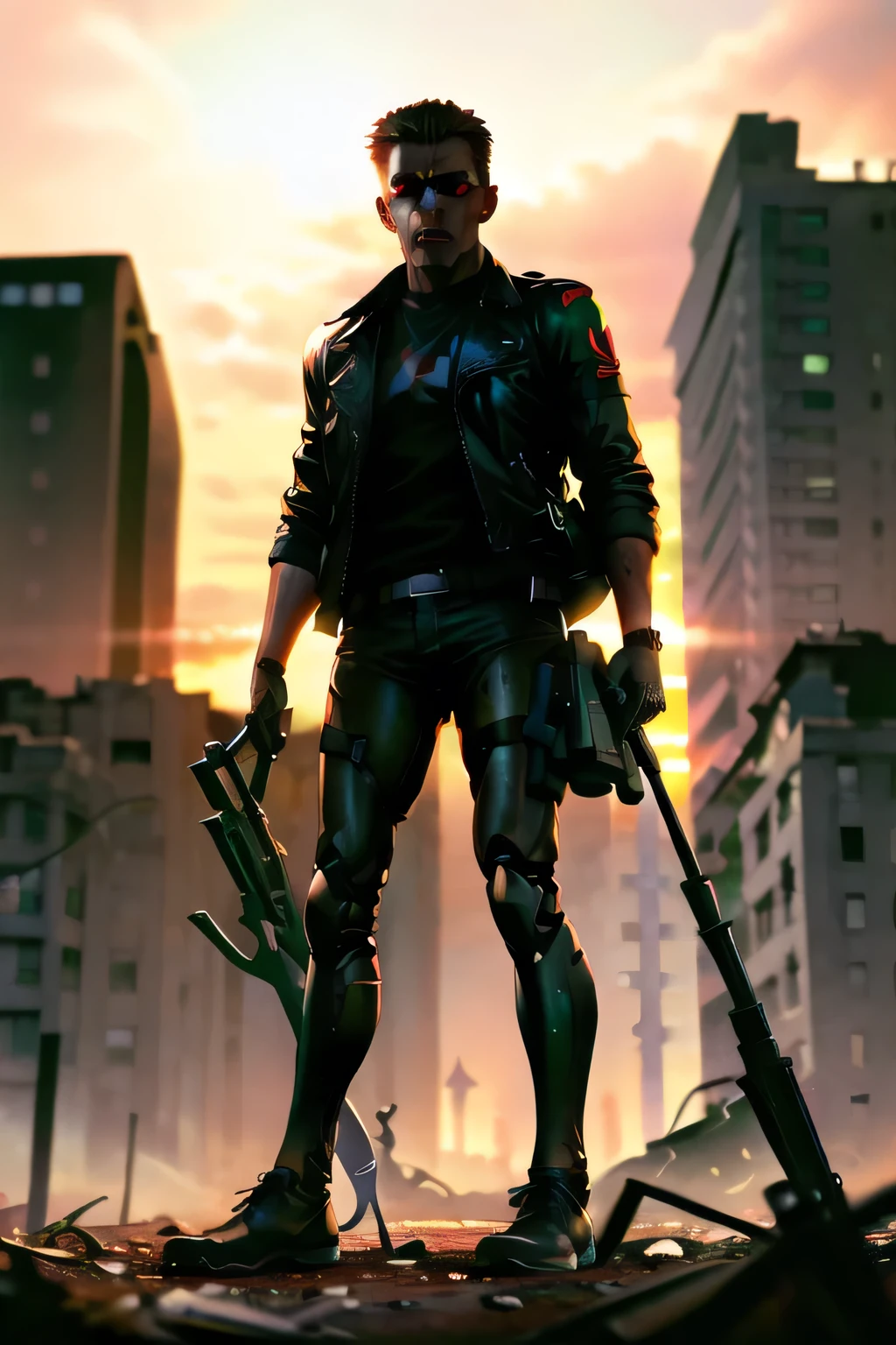 dark background,There are,Terminator soldiers have lots of rifles in the ruined city,stare at me、 I want to photograph my whole body ,lots of skeletal robots in the ruined city