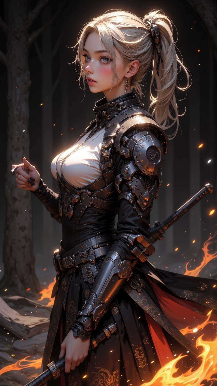 (masterpiece:1.3), (8k, photorealistic, RAW photo, best quality: 1.4), (1girl), (((Ciri from Witcher 3 with massive breasts))), overflowing cleavage, buttons straining, breast expansion,beautiful face, (realistic face), beautiful white hair, realistic green eyes, beautiful detailed green eyes, (realistic skin), beautiful skin, (fur outfit), absurdres, attractive, ultra high res, ultra realistic, highly detailed, golden ratio, deep cleavage, sword hilt, ((facial curved scar left cheek)), ((dark colors )),