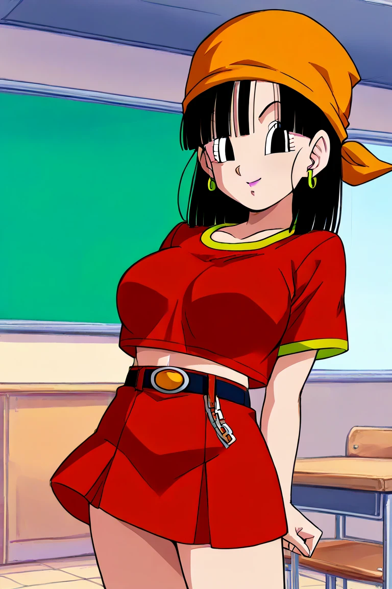 Pan dragon ball gt,1girl, black eyes, black hair, short hair, orange bandana, mni schoolgirl skirt, blouso schoolgirl, solo, smiling, looking at viewer, cowboy, garter belt, shot,   hip, large , lipstick, earring, pose , charming smile, classroom, school bench