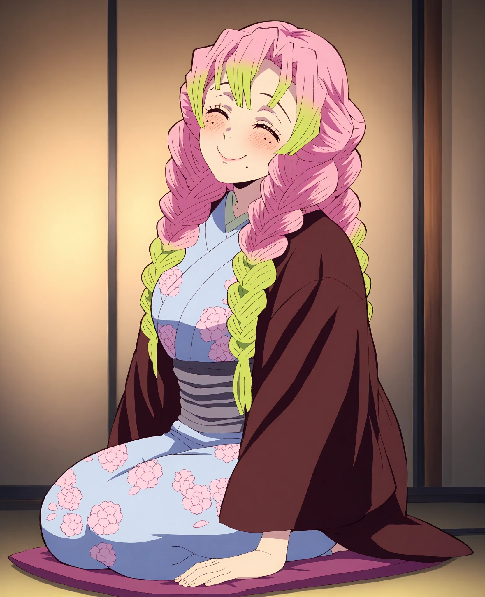 anime screencap, masterpiece, best quality,

1girl, solo, closed mouth, smile, blush, ^ ^, head tilt,
twin braids, multicolored hair, pink hair, green hair, mole under each eye,
brown haori, print kimono, blue kimono, grey sash,
seiza, 
indoors, big , big ,  dress