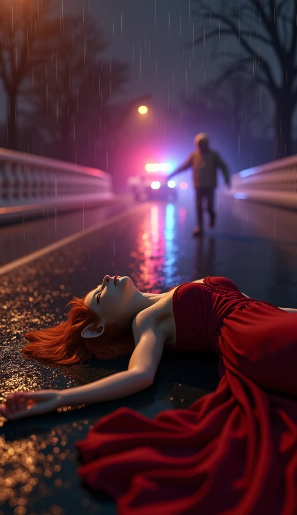 A woman laying on the ground of a street in a rainy day, at the place of her heart is a hole that is leaking blood