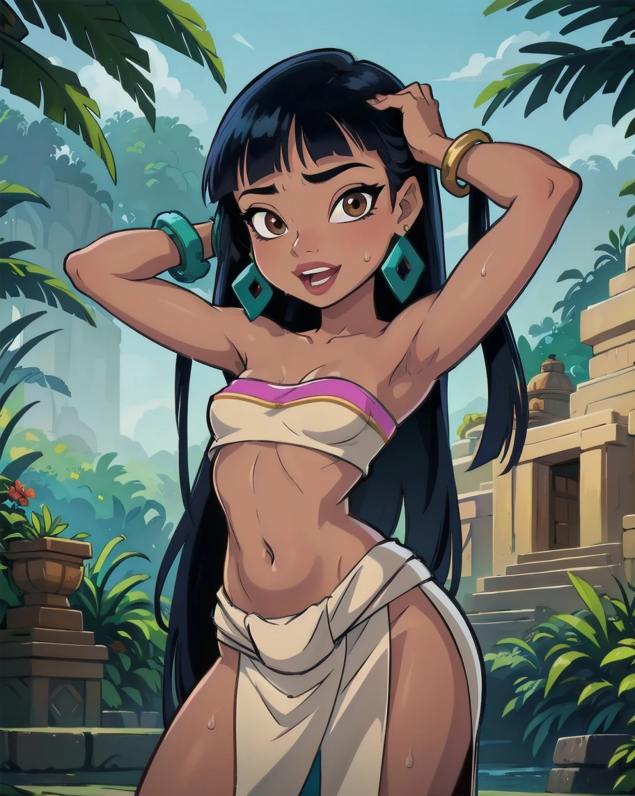 1girl, solo, chel \(the road to el dorado\), black hair, long hair, blunt bangs, brown eyes, dark skin, lipstick, tube top tight, skin tight, loincloth, emerald bracelet's, golden earrings, collarbone, bare shoulders, medium breasts, cleavage, midriff, wide hips, (Background: Outdoors, view of the rainforest, Inca temples in the surroundings), detailed background, detailed face, detailed eyes, hands on hips, looking at viewer, she's looking at the camera with a flirtatious smile