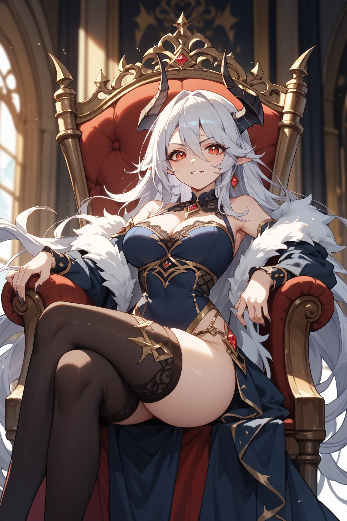 Sexy silver-haired female teacher,Sit on a fur-covered throne,Red-faced,style of anime,seminude,sexyposture,opening legs,lie,huge tit(spread :Flesh-colored bikinis are seductive and sexy --auto --s2
