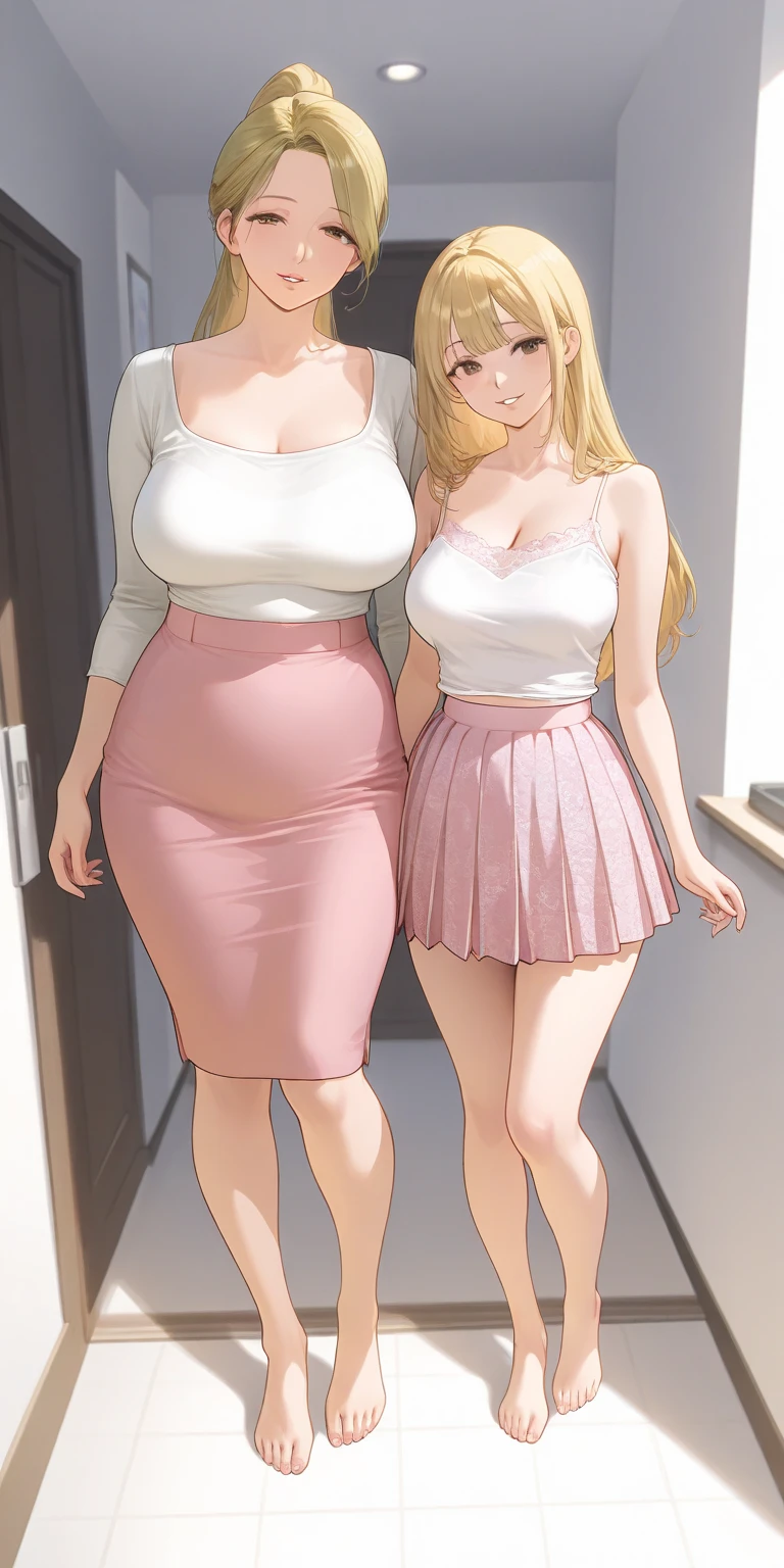 a voluptuous sexy busty mother who is insanely and extremely sexy cute pretty voluptuous beautiful pretty curvy busty hot sexy with an extremely shiny glass SNOW FAIR WHITE LUSH SILKY smooth lush plump glass glowing skin and perfect round cleavage and her INSANE tight perfect hourglass figure, her wide soft hips, and her skinny lush soft plump arms and her thick sexy SNOW FAIR lush legs and thighs, her big soft plump perfect round thick ass with her bright SNOW FAIR LUSH plump round cleavage and her glowing fair shoulders exposed along with her shiny GOLD long YELLOW BLONDE hair untangled and open hiding one of her eyes with her extremely insanely god tier cute irresistible smile kind gentle look on her extremely cute pretty face with her big shiny bright stunning blue eyes and her shiny black eyelashes and her two bright pink blushes and her bright pink puffy lips on her face and her pink shiny nails, looking at the viewer. The woman has no wrinkles, no tattoos, no signs of anything that's not unattractive but just raw god's given absolute irresistible other-worldly god-tier beauty possessing the most irresistible charm and beauty in all of mankind's history and future as she's the peak and epitome of a woman's elegance and feminine and her insane, impossible, and unimaginable levels of beauty the woman has, the woman stands straight in an alluring sexy feminine pose as she's wearing a bright yellow short tight revealing cleavage exposing dress with a white off-the-shoulder sweater with her shiny YELLOW high heels along with a red ribbon and small stars and a piece of small jewellery hanging on her hair with a piece of golden jewellery on her smooth lush snow fair clean tender soft smooth neck and gold bangles on her wrist and gold anklets with small bells on her two feet and gold earrings on her lush fair white fair ears and a gold belt on waist, SEDUCTIVE TEMTPING INTOXICATING BLUSHING EXPRESSION, flowers on hair, standing, eyes wide open, show full body