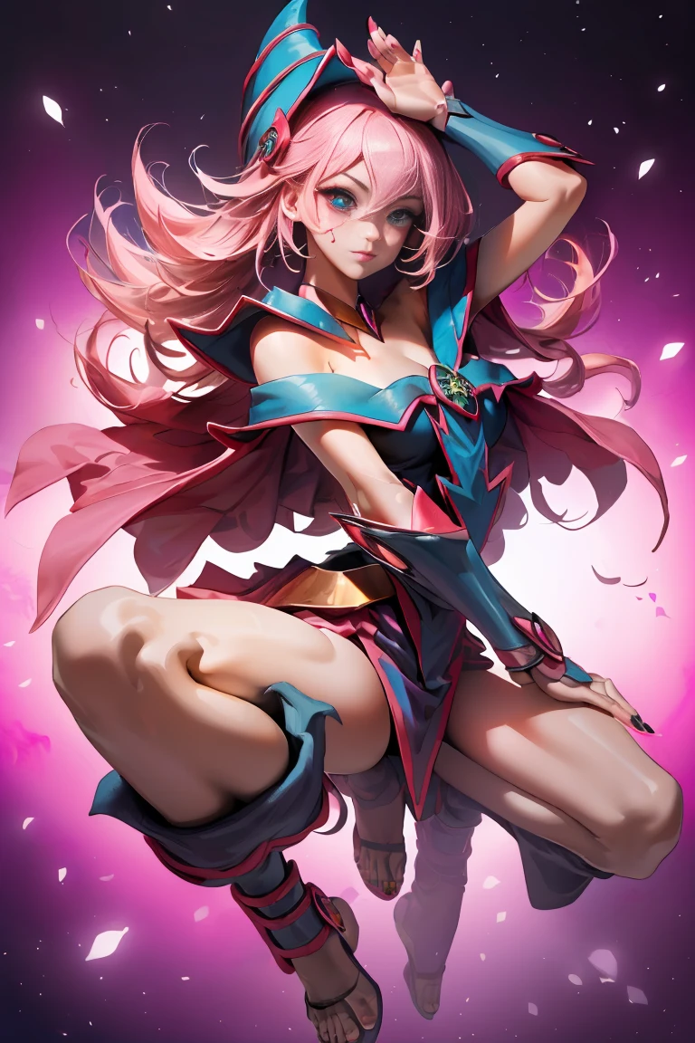 female, sunset pink long hair with yellow highlights, blue eyes, (((1girl))), (((pink ringmaster attire with dark pink hearts))), (yellow ribbon), (pink knee length pencil skirt), (dark pink stockings), (pink heels), (pink top hat with dark pink heart and yellow feather), cute and sexy, large breasts, large butt, full body, long legs, smiling