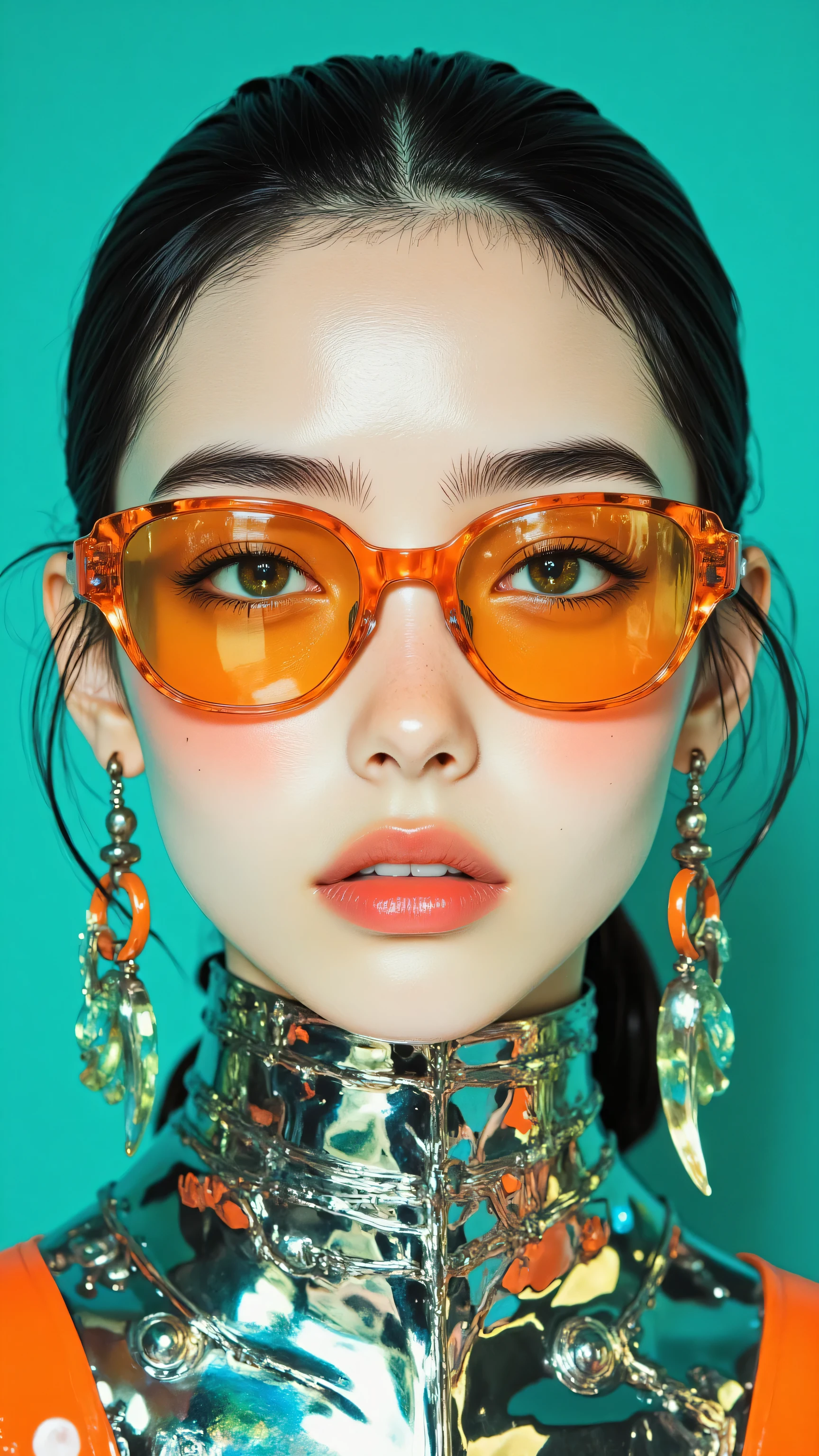 8k, Masterpiece, Top Quality, close-up, woman, young, smooth pale skin, defined eyebrows, full pink peach lips, slicked-back two-tone hair with vibrant orange front and bright teal back, wearing large futuristic shield sunglasses with orange frames and reflective green teal orange lenses, large futuristic orange claw-like earrings, complex futuristic metallic silver and glossy teal green choker neckpiece with orange accents, neutral confident expression, wearing futuristic glossy metallic teal green and orange high-collar top, straight shoulders, bright studio lighting with sharp glossy highlights, plain solid vibrant teal green wall background.