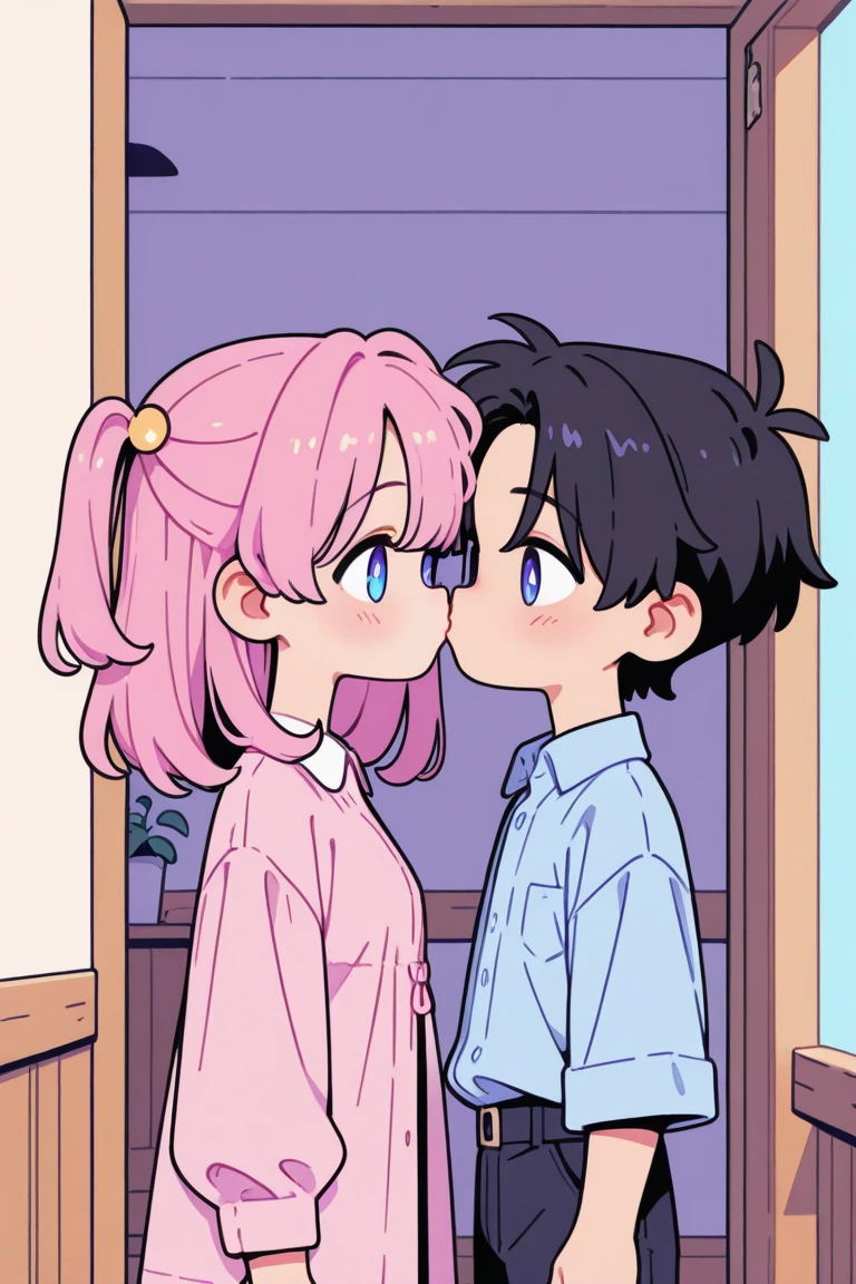 score_4,score_5,score_6,score_7_up,score_8_up,score_9 ((masterpiece,best quality,ultra detailed,highres,HD,4k:1.2)), 
chibi,full body,deformed,
1 girl and 1 boy,hetero,girl focus,
bobcut pink hair giri,large breast,
black short hair boy,
Kissing man and woman, couple, kissing face to face, side view, from side, side angle,looking at each other, bedroom,heart symbol, heart effect,
smile,happy,closed mouth,