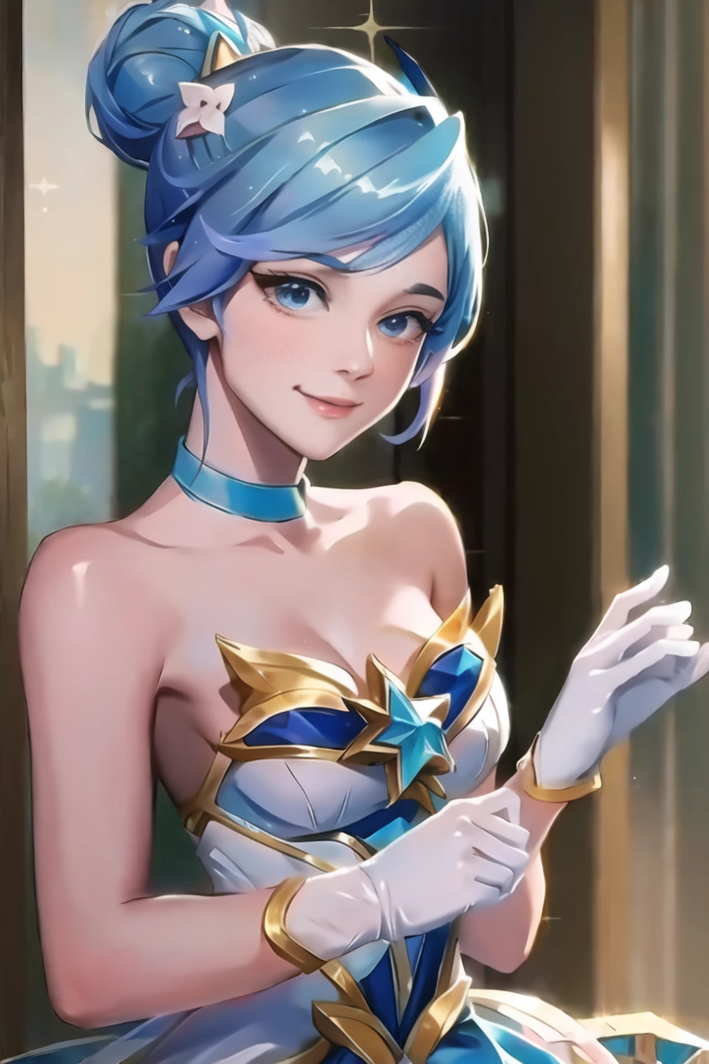 (Masterpiece:1.4), (Best quality:1.2), star guardian orianna, Blue hair, hair-bun, Ballerina, Short dress, White gloves, Smile, Upper body, Cowboy shot，the street，