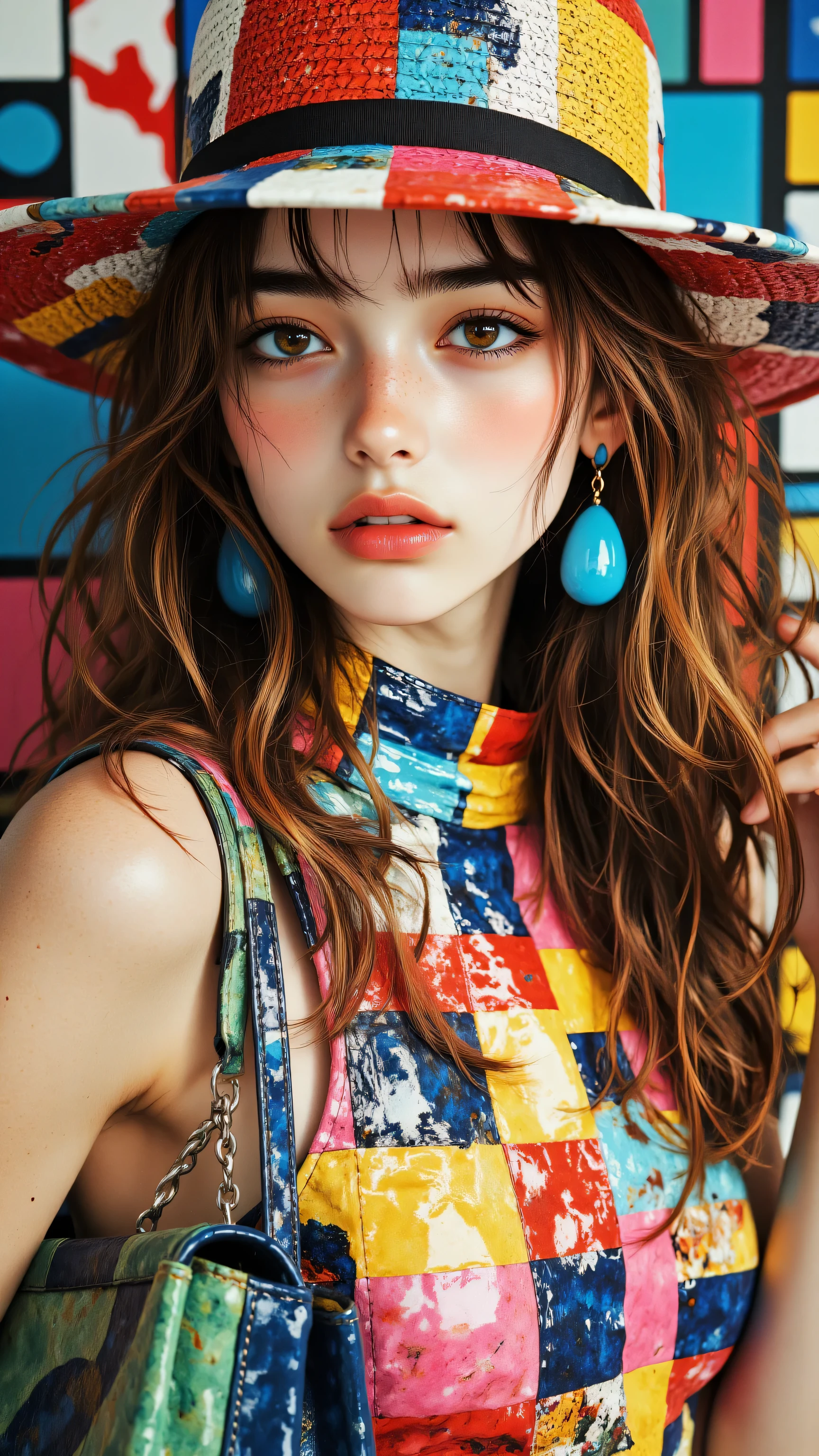 8k, Masterpiece, Top Quality, medium shot, woman, young, fair skin, light-colored eyes, defined eyebrows, full vibrant red lips, long wavy vibrant auburn hair, wearing colorful geometric block pattern flat-top wide-brimmed hat, large bright blue flat teardrop earrings, neutral serious expression, looking slightly to the side, wearing high-neck sleeveless top with colorful glossy geometric square tile pattern, holding gradient green and blue handbag, bright even studio lighting with glossy vibrant colors, abstract colorful geometric block background.