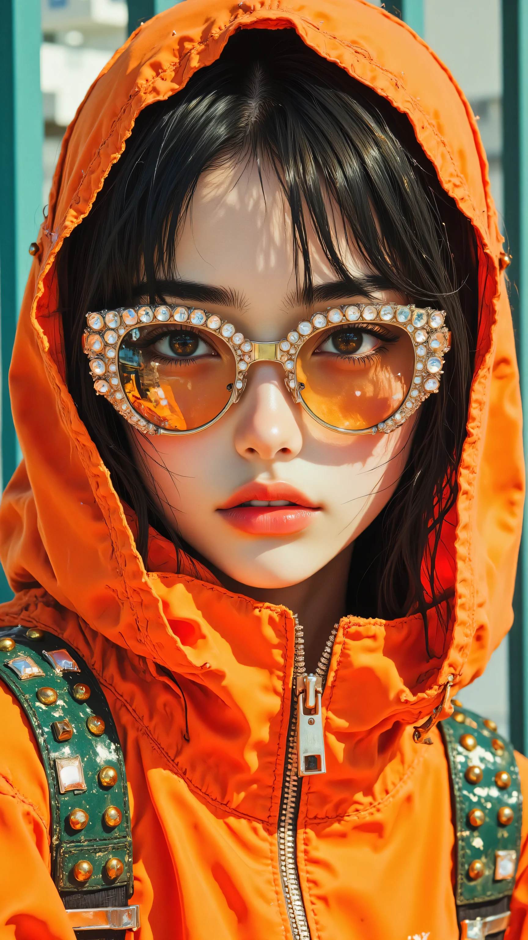 8k, Masterpiece, Top Quality, close-up, woman, young, smooth skin, defined eyebrows, full coral pink lips, wearing bright orange hood with green studded trim, large futuristic metallic gold-framed sunglasses with clear jewel embellishments and dark reflective orange red lenses, neutral confident expression, bright orange hooded jacket with green studded shoulder panels, silver front zipper, high collar, straight shoulders, bright studio lighting, out-of-focus background with vertical teal lines.

