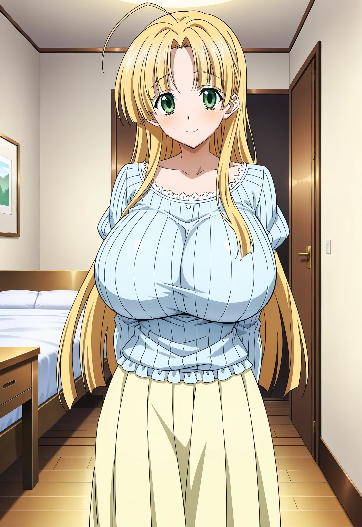 (Night:1.7), at a podium in a room with a tv on the wall and a desk with a laptop on it,
Standing at attention,
cleavage,sleeveless,green Long dress ,a yellow bow,
jewelry,necklace,gem,
bangs, blonde hair,long hair, hair ornament, hairclip,brown eyes,
1 girl, 20yo,Young female,Beautiful Finger,Beautiful long legs,Beautiful body,Beautiful Nose,Beautiful character design, perfect eyes, perfect face,expressive eyes,
looking at viewer, in the center of the image,(Upper_body),(Focus on her face),
official art,extremely detailed CG unity 8k wallpaper, perfect lighting,Colorful, Bright_Front_face_Lighting,shiny skin, 
(masterpiece:1.0),(best_quality:1.0), ultra high res,4K,ultra-detailed,
photography, 8K, HDR, highres, absurdres:1.2, Kodak portra 400, film grain, blurry background, bokeh:1.2, lens flare, (vibrant_color:1.2)
(Beautiful,large_Breasts:1.4), (beautiful_face:1.5),(narrow_waist),