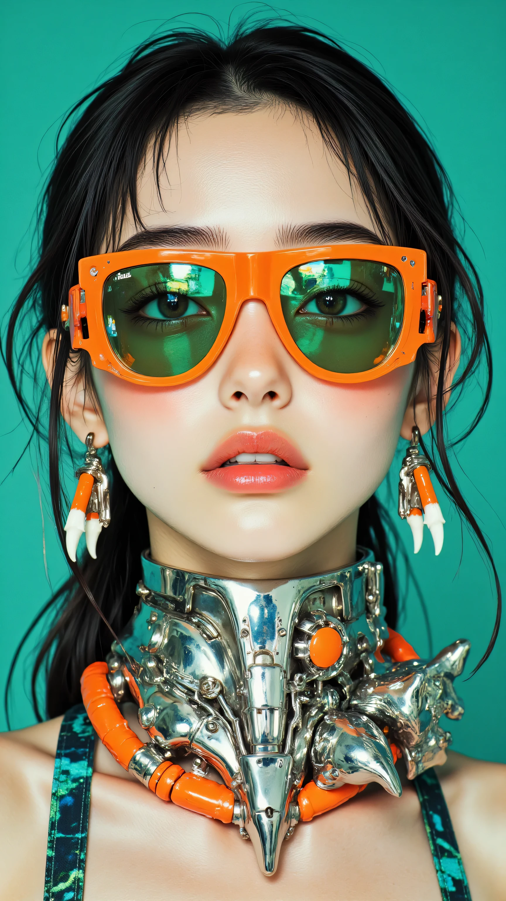 8k, Masterpiece, Top Quality, close-up, woman, young, smooth pale skin, defined eyebrows, full pink peach lips, slicked-back two-tone hair with vibrant orange front and bright teal back, wearing large futuristic shield sunglasses with orange frames and reflective green teal orange lenses, large futuristic orange claw-like earrings, complex futuristic metallic silver and glossy teal green choker neckpiece with orange accents, neutral confident expression, wearing futuristic glossy metallic teal green and orange high-collar top, straight shoulders, bright studio lighting with sharp glossy highlights, plain solid vibrant teal green wall background.

