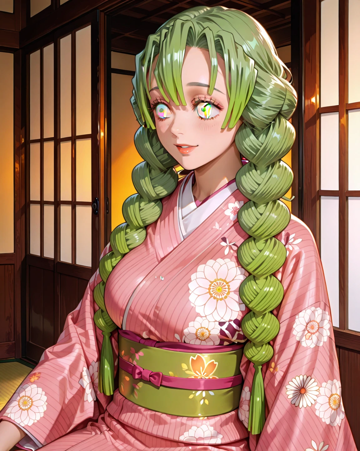anime screencap, masterpiece, best quality,

1girl, solo, closed mouth, smile, blush, ^ ^, head tilt,
twin braids, multicolored hair, pink hair, green hair, mole under each eye,
brown haori, print kimono, blue kimono, grey sash,
seiza, 
indoors, big , big ,  dress