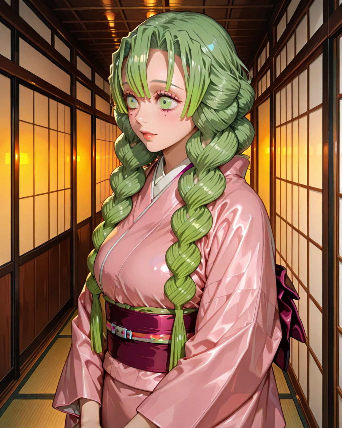 anime screencap, masterpiece, best quality,

1girl, solo, closed mouth, smile, blush, ^ ^, head tilt,
twin braids, multicolored hair, pink hair, green hair, mole under each eye,
brown haori, print kimono, blue kimono, grey sash,
seiza, 
indoors, big , big ,  dress