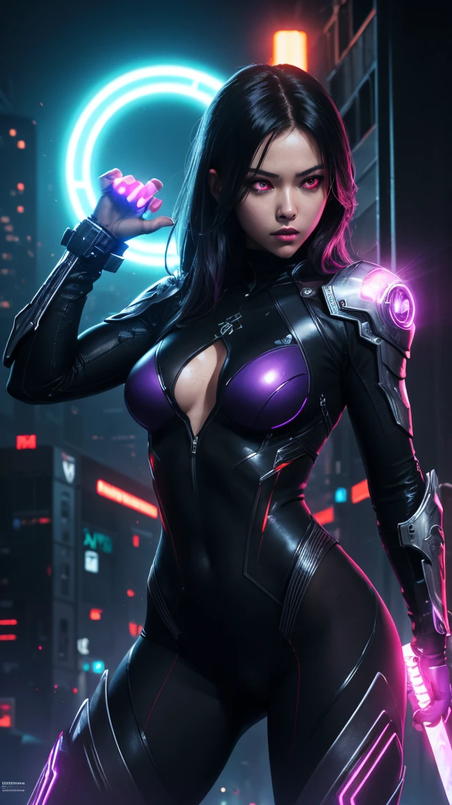 ((big eyes)), (Masterpiece, award winning, highest quality:1.5), "Gothic Futuristic Seductress", Artstation, by Frank Frazetta, by Simon Bisley, by Luis Royo, by H.R. Giger, by Ashley Wood, by Bill Sienkiewicz, by Ryan Meinerding, by Ian McQue, by Syd Mead, by Frank Frazetta. The image should feature a mysterious, seductive woman in revealing clothing, posed in an otherworldly, gothic and futuristic setting. She should be depicted with high-tech cybernetic enhancements, and with a dark, brooding presence. The atmosphere should be charged with electric energy and filled with dark, ominous shadows, (purple cape), thigh highs, (cybernetic enhancements), realistic volumetric lighting, subsurface scattering, (cinematic), good highlights, good shading, good proportions, good anatomy, good composition, (cyberpunk gothic architecture), (photorealistic:1.4), (mature adult:1.5), (empty hands:1.6)