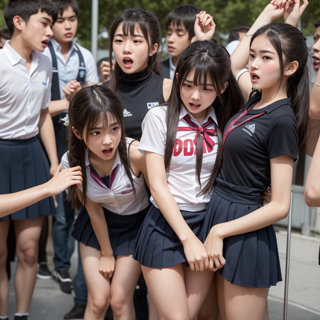 Many high school girls were lined up, all big, All whipped, Many female students rushed in., Everyone is sweating, Thighs,