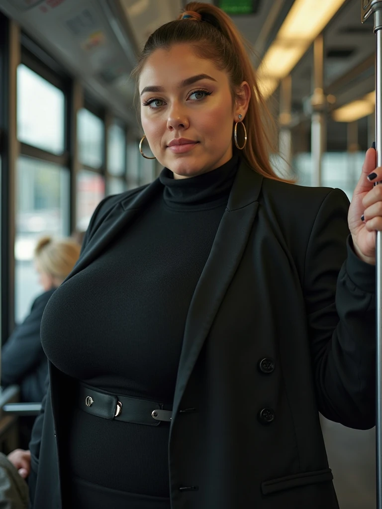 medium shot of a fit and curvy russian lady traveller ready for the journey waiting on the train station, detailed sharp, flash photo, black hair