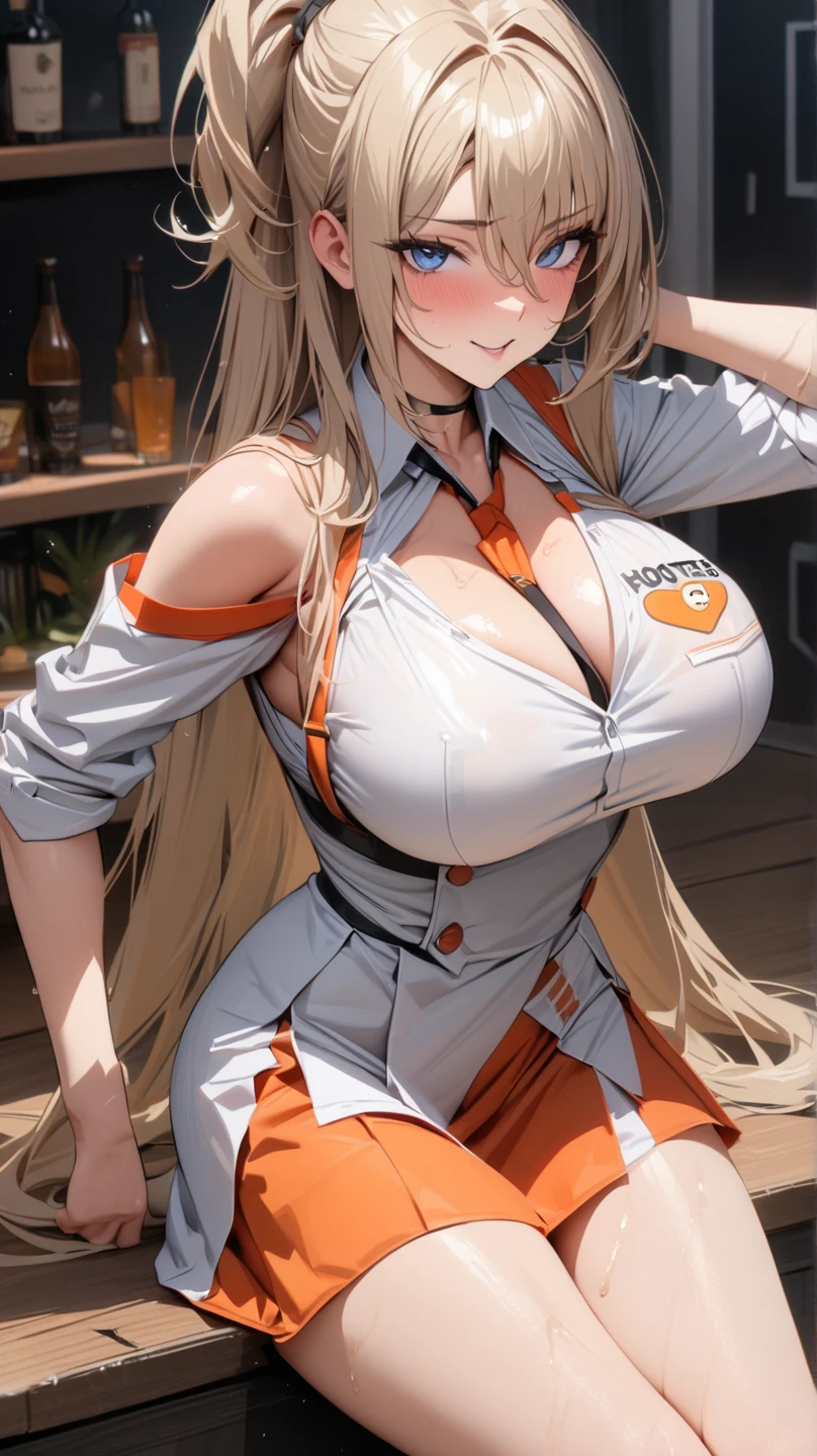 ((masterpiece)), ((high quality)), ((super detailed)), ((high resolution)) ,((8k)), a beautiful woman, ((She is one of the most famous female high school girl)), unparalleled beauty, ((huge breast)), ((large ass)), ((deep cleavage)), slim waist, chest out, ultra detailed face, perfect skin, (((long orange straight hair))), red eyes, detailed eyes, whole body image, (((anime))), ((glamorous)), 18 years old, ((incredibly beautiful woman)), ((The I cup bust)), ((beautiful breasts)), beautiful legs, 8 life size, anime, the most beautiful and strongest, ((charm)), ((Grown-up face)), ((Perfect fingers)), ((Bewitching)), ((A young heroine)), ((((from below)))), ((GAL)),