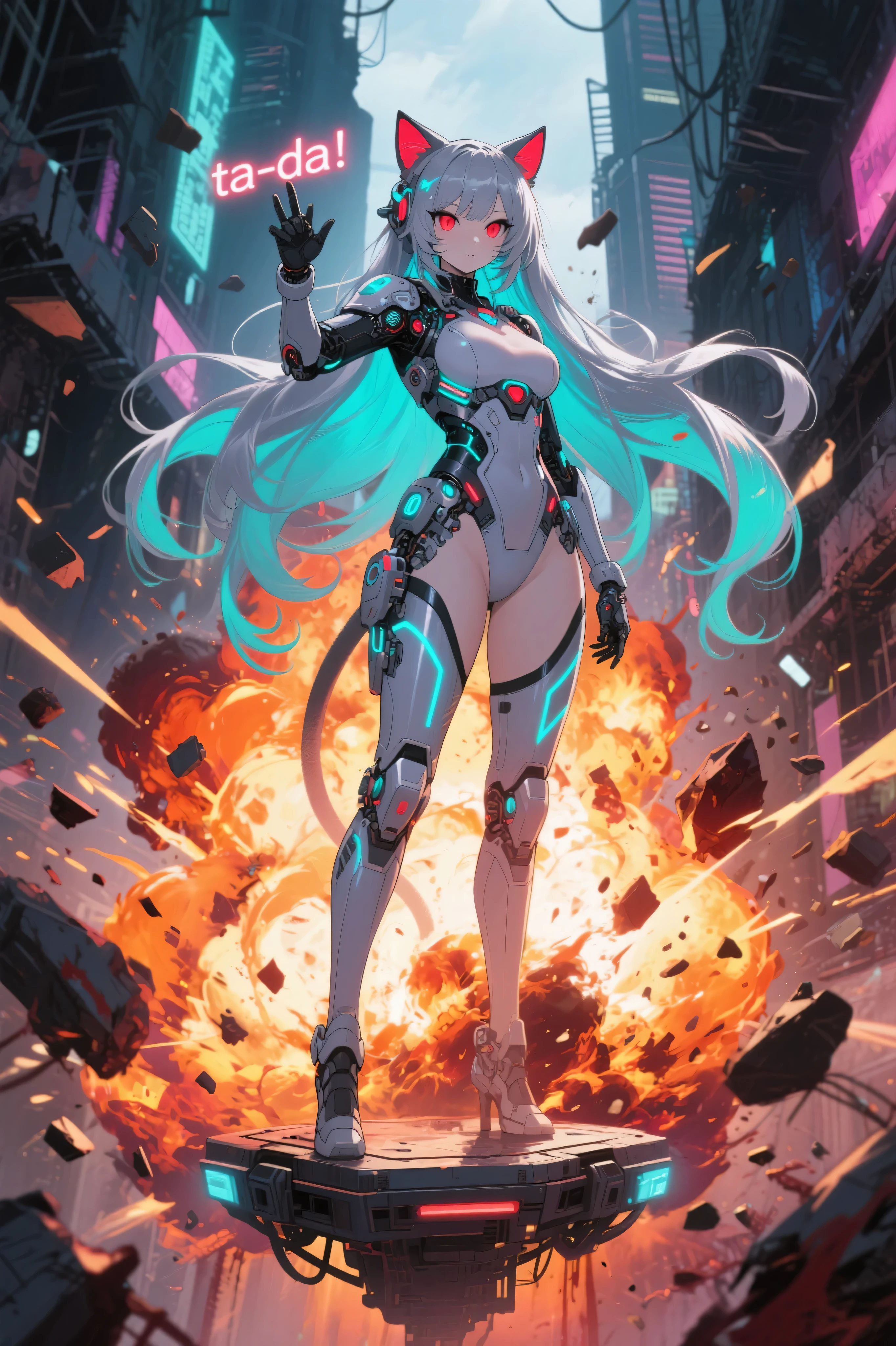 (Tabletop), (Perfect athletic body:1.2), Anime Style, whole body, Cyberpunk Girl, Sea green twin hairstyle with red eyes, Wearing a Cyber Costume, Black and Purple Flaming Fist, Burnt mechanical limbs, Standing in the Wilderness, Flame burning in the chest, White Background, whole body,