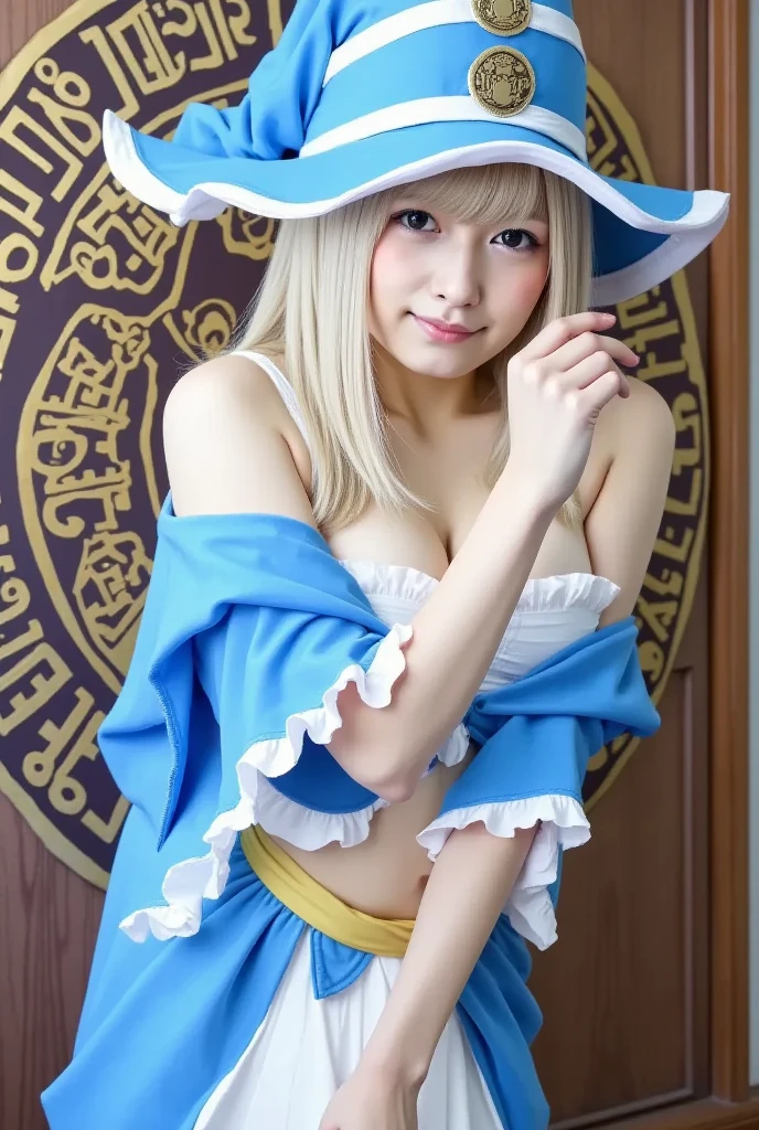 (photo realistic1.2),ultra detailed,(8K),(1girl),(Fantasy:1.5),(bed),Clothing with low sheen,(wizard costume:1.5),Enchanted Wands,Sorcerer's Spellbook,(Wizard's Hat:1.2),topless, (small nipples), (big breasts: 1.2),nude gravure, beautiful Japanese, clothes in disarray,earrings,(from above:1.5),(looking at viewer),(kneeling pose),smirk,(upper body),(white hair),(straight hair),(bun hair),26years old,