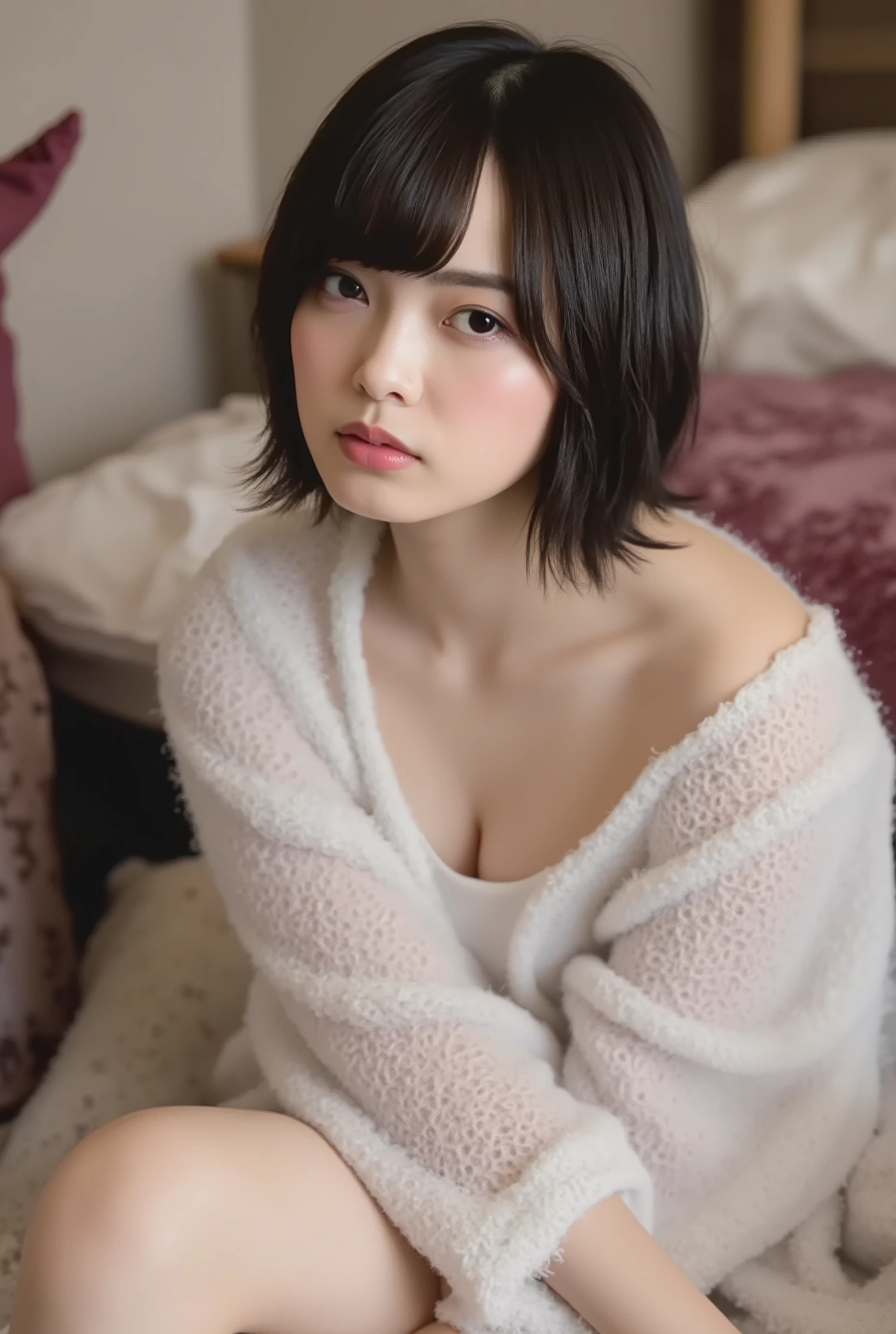 (( Highest Quality, 8K )), ((masterpiece)), ( details), Japanese, two-tone swimsuit ,1 girl on break day, Voluptuous women , sexy,( in the bedroom),((( abnormally large breasts , completely naked, beautiful breasts, short bob hair))), black hair , (( without makeup, small eyes))