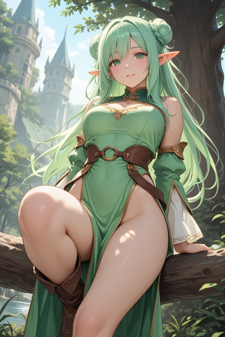 Anime Style,Nostalgic,A detailed background with many people,The medieval world,A palace-like forest,Smiling dancing elf girl,Large Breasts,Healthy thighs,Underarm