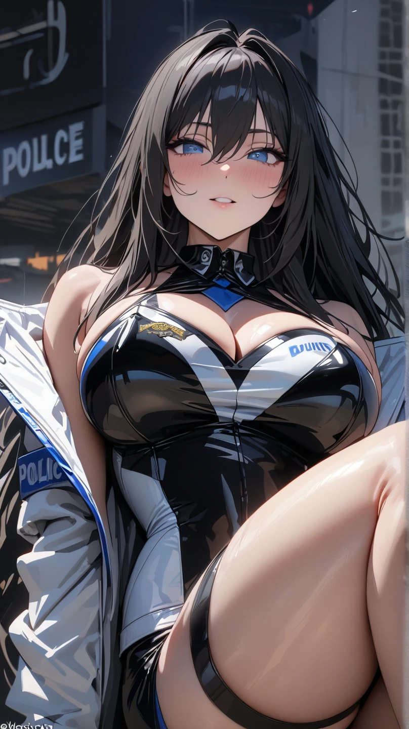 masterpiece, best quality, 1lady,black hair,long hair,glowing eyes, (finely detailed empty pupils and detailed face),,,,extremely detailed picture unity 8k wallpaper,solo,(latex military costume:0.9),large breasts,seductive smile,military hat,latex thighhigh,large breasts,black hair,pink eyes,black leotard,pantyhose,no sleeve,enamel suits,grossy lips,sitting,bust shot,sadistic smile,,heel,