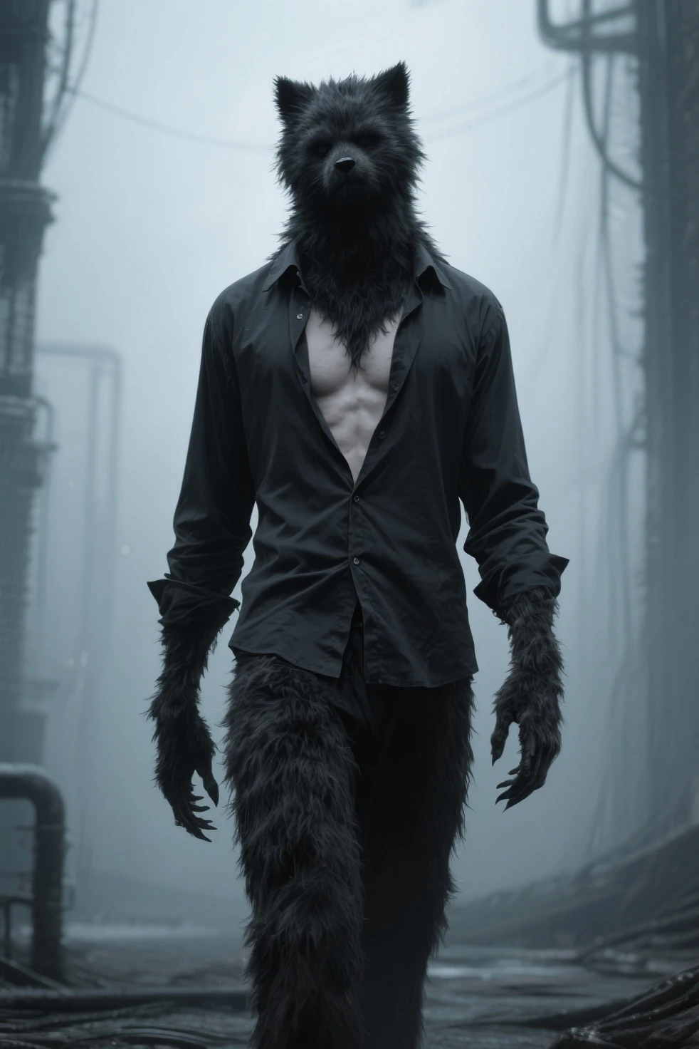 Man with the body of a pale gymnast, spiny fur, black and long and the black plague mask completely dark with black gloves and dark pants