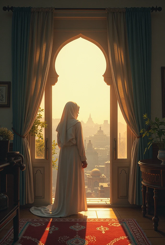 Hijabi girl standing on roof with cat in aesthetic form 
