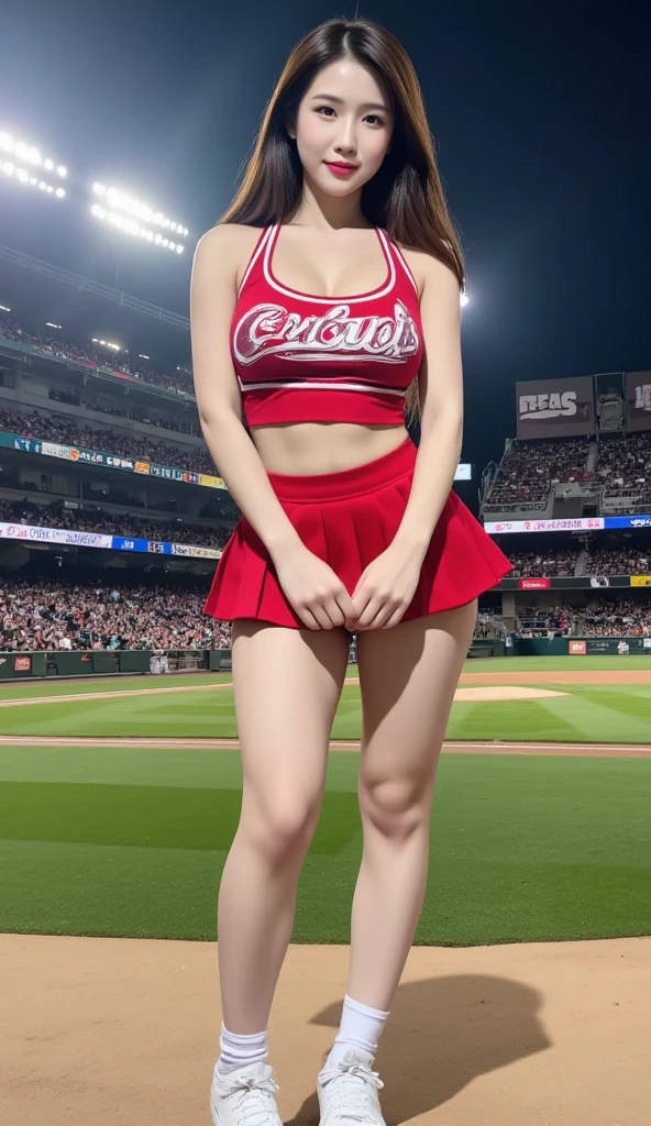 ((Highest quality、8k、Like the picture:1.4、masterpiece))、Backlight、Woman with highly detailed facial texture、 Big Breasts, Accentuate your cleavage, Cute Japanese Woman、18-year-old、(((Cheerleader:1.2)))、((Stadium Background:1.2))、Raise your arms、((Camera angle from below:1.3))、Ultra-detailed skin、Beautiful Makeup、Detailed eyes、((Big smile:1.3))、Open your mouth、(Big and round breasts)Shiny brown messy short hairstyle、Sculptural installation、((Raise both legs:1.3))、((Spread your legs:1.3)), ((Spreading pussy:1.4)),