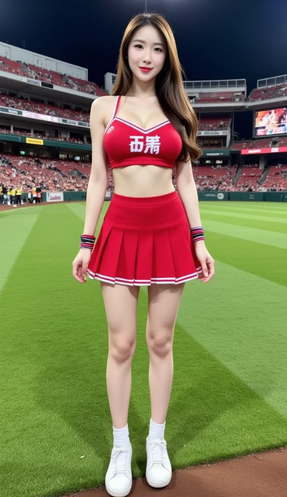 age19、1girl in、cheer girl、cheerleaders、The hair is disheveled、baseball field、I'm rooting for you in Tamafusa、Dancing、Frolicking、A slight smil、a beauty girl、E Cup Breast、cleavage of the breast、a miniskirt、thighs thighs thighs thighs、I can see the pants、full body Esbian、
