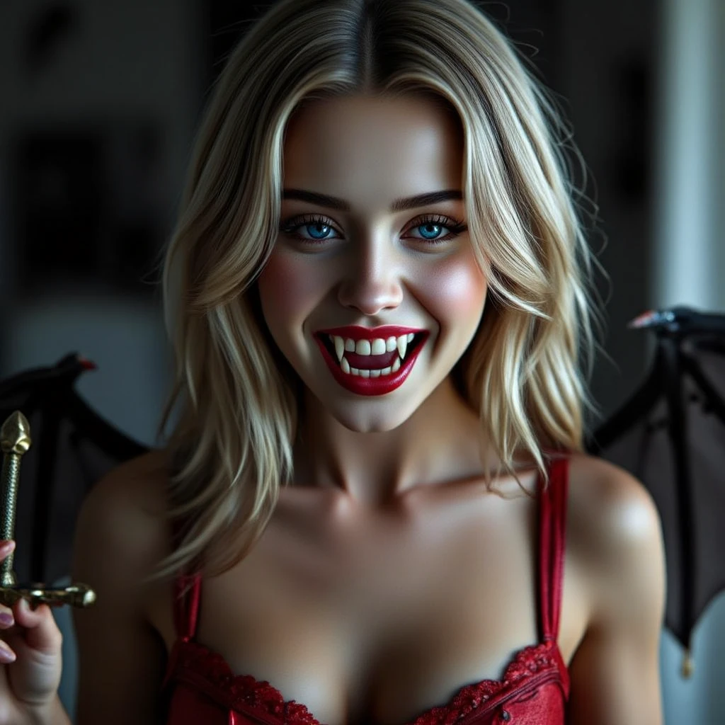 nsfw, close up, naked, nude, naked pussy, open legs pose,a medium shot of a blonde Instagram model, dressed like a sexy devil, with a seductive look on her face, flirting with the camera, closeup,