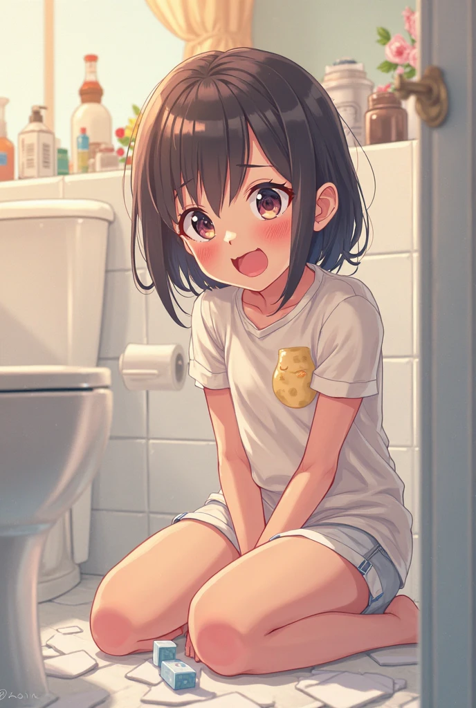 girl, loli, tomboy, small, black hair, blue eyes, smile, concrete wall, pee to puddle while squat, view crotch, look viewer, large right bagina, large left bagina, professional lighting, top resolution, top sharpness, intricate detailed, best quality, 8k