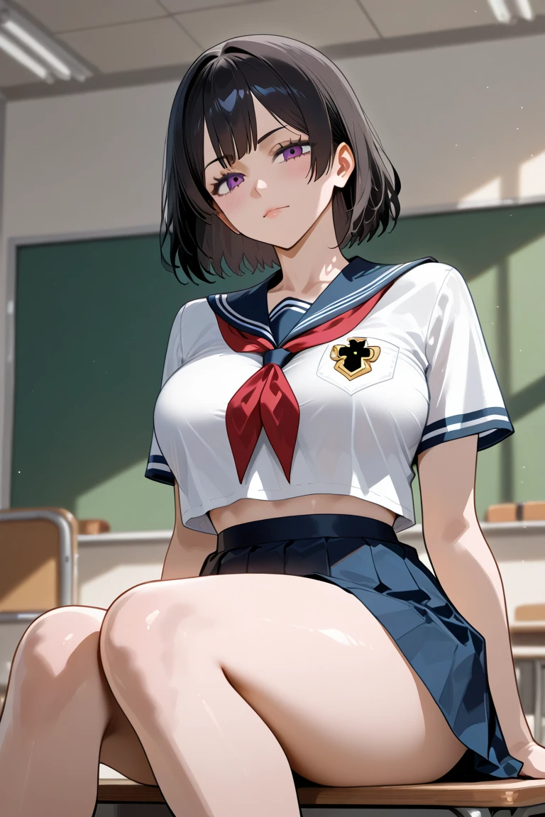 body 8 times longer than head, (Highly detailed CG unity 8k), (highest quality),(very detailed),(ultra high resolution), black hair, High school girl wearing a navy sailor suit, Anime 2D rendering, realistic young anime high school girl, ((White headband)), purple eyes, small breasts, tall, slanted eyes, (school scenery), black stockings, bright color, open your mouth a little, Dark blue skirt, bob cut, position looking down from above, right eye closed (winking), sticking out the tongue through the mouth, raise right index finger, Press your right eye with your right index finger, tilt your face slightly to the right, Close one eye、Wink