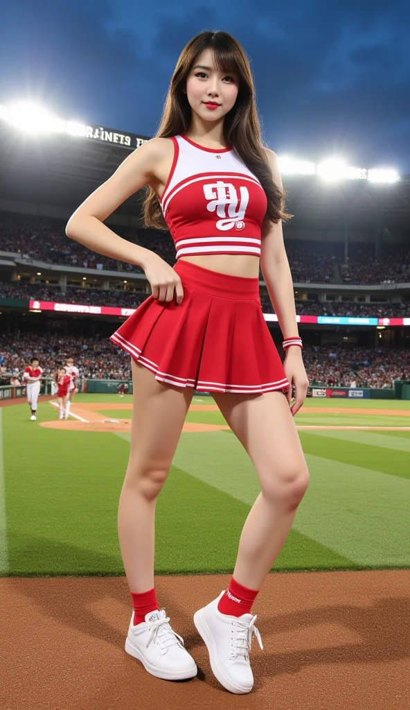 An innocent and cute eight-year-old girl with double ponytails, american girl, cheerleader, girl smiling, style, wearing cute white stockings and cheerleader uniforms, embellished with animal hangings. beisball Stadium, Look into the camera,