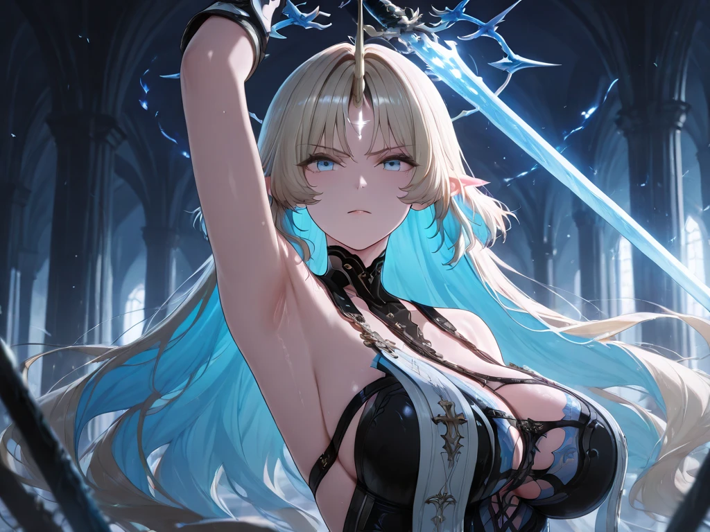 ((solo)), arm up, armpit, amazing masterpiece, top quality, high fashion, absurdres extremely, close up, HDR, intricate details, very cute face, vivid colors, commentary, curvy beauty body, flawless smooth skin, very cute girl, fleur de lys, long hair, blonde hair, colored inner hair, pointy ears, glowing + + under ears, blue eyes, single horn, glowing + + under horn, blue halo, (wuthering waves), upper body, sword, battle stance, attacking pose
