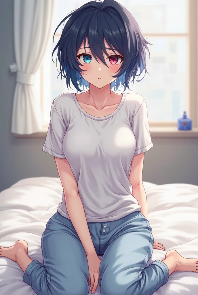 An anime girl with black and blue hair wearing loose clothing, anime girl with short hair, (anime girl), (anime girl), pretty, attractive, cute anime girl, visible underwear, anime girl with loose clothing and visible lingerie, red and black underwear, shy anime, anime girl in relaxed pose, sitting, sleepy anime girl