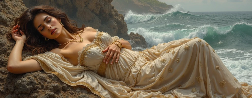 Photorealistic fantasy scene from a dream, mature voluptuous scaredl woman, just waking up sitting in her opulent decorated bed, timid, shy, surprised, tears, her filigree bed outdoors (drifting floating in the ocean), desperately holding on her filigree lace blanket, partially covered, one firm breast exposed, her long voluminous hair blowing in the strong wind, thunderstorm, (rough sea background, strong swell, heavy rain), tears, stunning captivating bright eyes looking at viewer