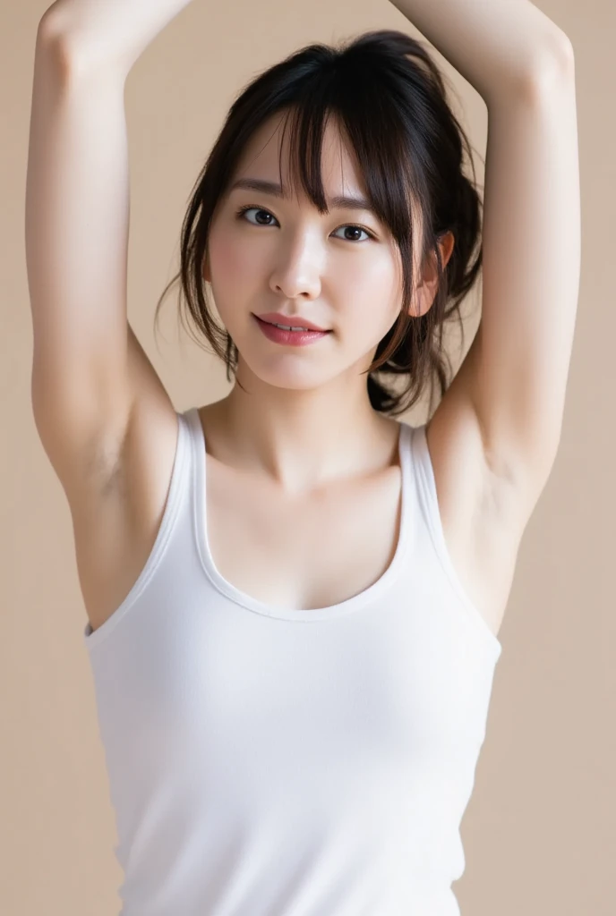 8K、High resolution、masterpiece、realistic、In detail、fine texture、bright natural light、high contrast、alone、high school girl、natural body shape、white skin、natural makeup、black hair、bangs、straight long hair、Moist eyes、(((white leotard)))、big breasts、school classroom、Face the front and look at the camera、showing armpits、focus on armpits、((close up of face))、((large amount of armpit sweat、Sweaty and shiny armpits、greasy armpits、Shiny armpits))、portrait from head to chest、smile