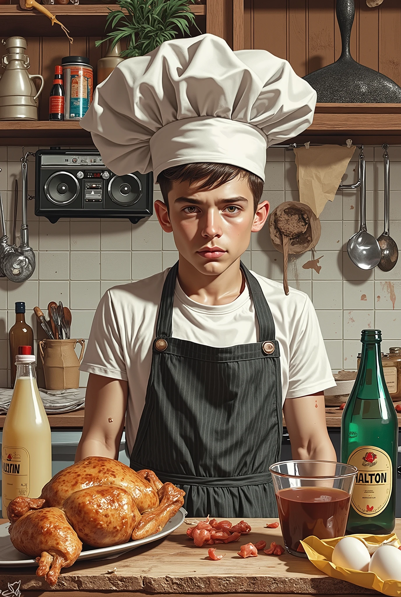 A handsomen, 19 years wearing a crazy cook hat stands in the kitchen. surreal collage, a contemporary artistic collage, collage artwork, New Album Jacket, great job!! , digital collage, (collage), collage art, contemporary collage, mixed media collage, surreal + high image quality, surreal al style, convertible, The Inner World on the Autism Spectrum, package, knife, fork, egg, mixer, recipes, A bottle of oil, chicken, boombox, note, Various Cookware