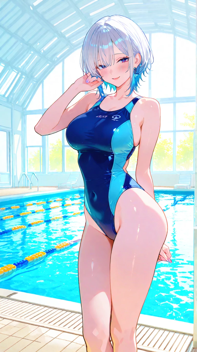 realisticlying、Face Real、girl with、Competitive swimsuit、sexy smiling、Breasts a little bigger、Sideways view、Sexy Posing、Indoor pool