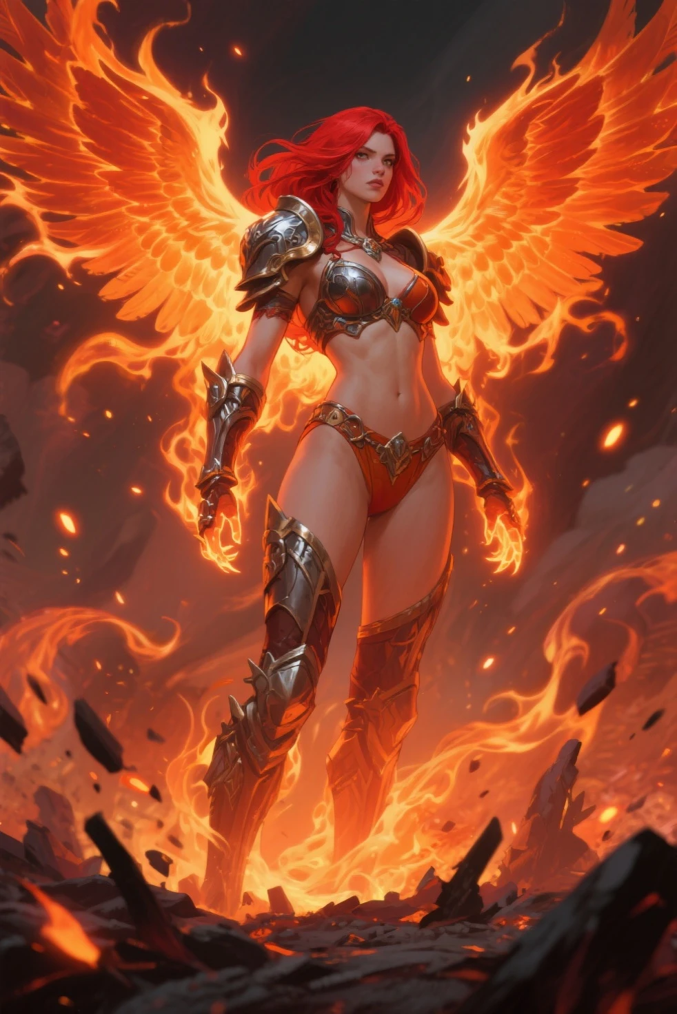 Fantasyart、(top-quality、​masterpiece:1.2)、ultra-detailliert、(photoRealstic:1.1)、(foco nítido)、Goddess of Fire、goddess of fire、(A female spirit of melted flame that burns bright red:1.5)、(full body Esbian:1.4)、Detailed Molten Fire Elemental、(Red and Yellow Blue Flame:1.5)、Being in a fantasy world。Fructal art of flame、beautiful countenance、Unbelievably beautiful woman、A detailed face、perfectly proportions、爆乳、big breasts thin waist、nabel、buttock、Crotch gap、thighs thighs thighs thighs、(Dynamic Poses:1.5)、Steampunk style、Detail Master 2、steampunc、Movie girl、Girl burns、Goddess of Fire,