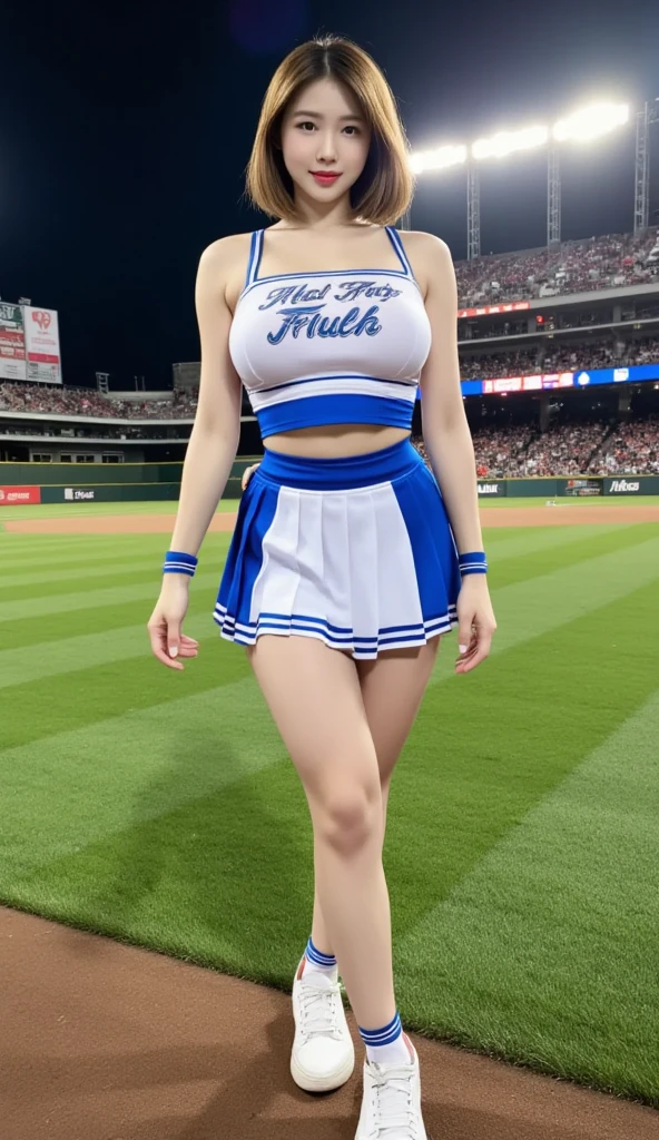 17 year old cool Korean, Large, round breasts, split, cheerleader, baseball team cheerleader, skirt, beautiful eye details, eyelash, beautiful double eyelids, eye shadow, narrow eyes, Perfect eye makeup, seduct smile, beautiful thin legs, bright blonde, Bob Carter, ponytail, Various hairstyles, earrings, stand at the baseball stadium at night, night，Show breasts，exposing her chest，Show breasts，Show breasts，exposing her chest，huge 