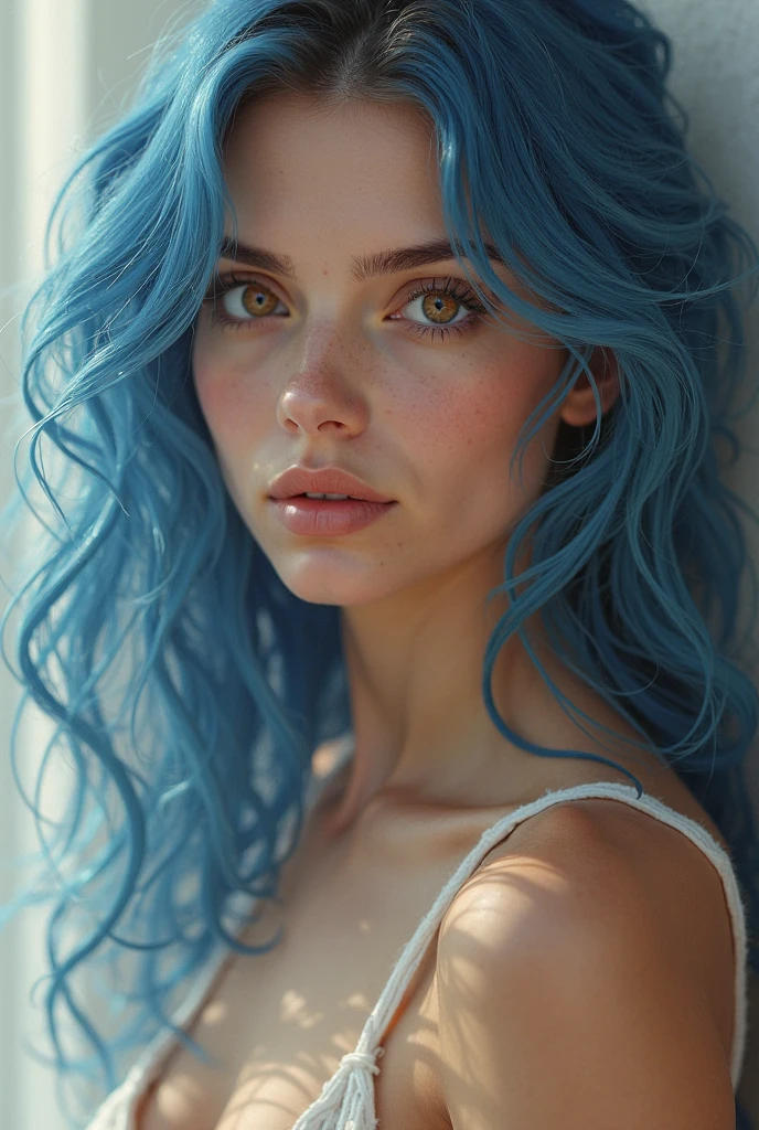 beautiful German woman model with blue hair, and light eyes, hyperrealistic face, no dress, full body, pernas abertas