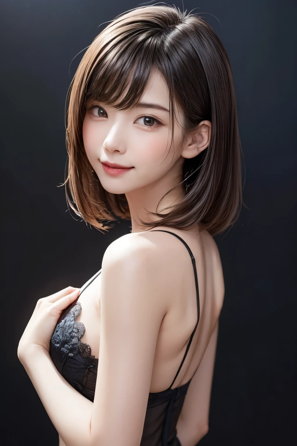 (8K.Highest quality), (beautiful)、Very delicate eyes、Brown eyes、22-year-old female、Brown Hair、Embarrassed、Looking into the camera、Semi-short hair、Gal、Soft boobs、Head to belly button、Open your mouth、Micro Bikini