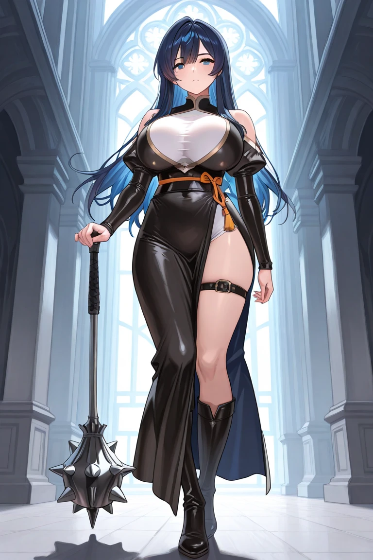 standing, a arrogant woman with eyes and long hair and leg and feet and big bust, Warhammer universe, anime design, wearing luxurious military lord captain garment, with grim dark elements, in a detailed darkened backdrop, surrounded by chains, blood
