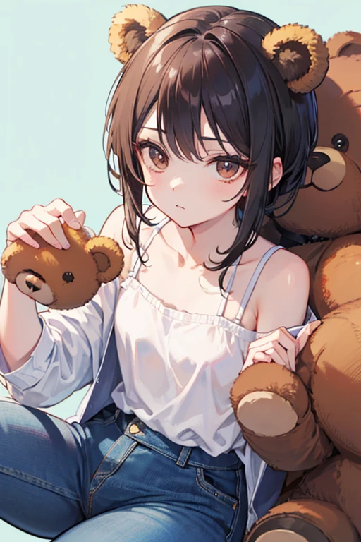 Young girl sitting on a bench in a park with her big beautiful thighs with leaves flying around her, her outfit, which is a tank top with teddy bears printed on it and mini shorts that hug her thigh