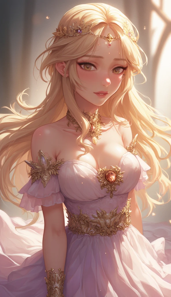 anime girl with blonde hair in a bun, pink eyes, wearing prom dress, realistic, 8k, hyperdetailed, cinematic lighting, concept art, vibrant colors, dramatic shadows, highly detailed facial features, elegant pose, dynamic composition, masterpiece
