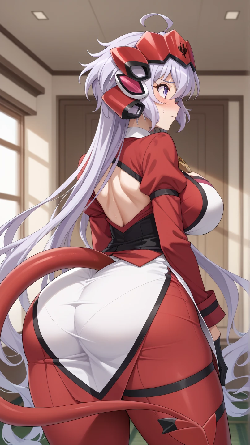 Ayame, long grey hair, red eyes, horns, naked, huge butt and boobs, asshole wide open, close up asshole view