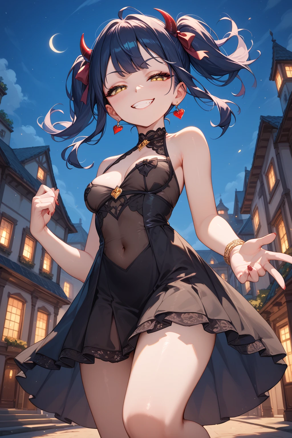 Vampire、back、turn around、darkness、In a Western-style mansion at midnight、Thighs、Girl、Girl、Short、Younger、Lower school year、Baby Face、Both eyes open、flat chest、Dynamic Angle、Blood from the mouth、tooth、smile、Many bats flying、Bloodsucking、leotard、tights、Succubus